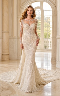 Robe de mariée sirène en dentelle à décolleté plongeant en V et manches illusion longues, coupe cathédrale, en dentelle