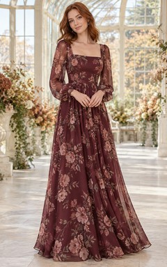 Burgunderfarbenes Brautjungfernkleid aus Chiffon mit floralem Muster, eckigem Ausschnitt, langen Ärmeln und bodenlanger Silhouette