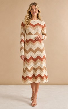 Rust Chevron Print V-Neck Long Sleeve Knit Midi Dress