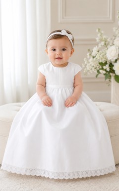 Schlichtes Taufkleid für Babys, A-Linie, knielang, mit Rundhalsausschnitt, kurzen Ärmeln, Satinschleife am Rücken, Knopfleiste am Rücken