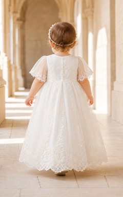 Cross Embroidered Baptism Dress A-Line Tulle Lace Jewel Neck Tea-Length
