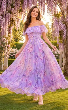 Lavender Floral Off Shoulder Ruffle Chiffon Maxi Guest Dress