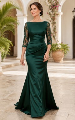 Dark Green Scoop Neck Three Quarter Illusion Lace Sleeve Satin Mermaid Sweep Train Mother Dress