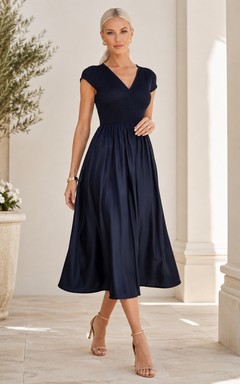 Dark Navy V-Neck Cap-Sleeve Smocked Satin Simple A-Line Guest Dress