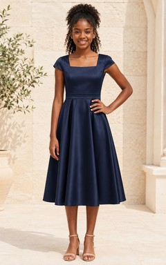 Dunkelblaues Brautjungfernkleid für junge Damen, A-Linie, eckig, kurze Flügelärmel, Teelänge, schlicht, aus Satin