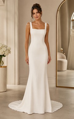 Square Neck Crepe Mermaid Wedding Dress with Wide Straps and Low V Back Train