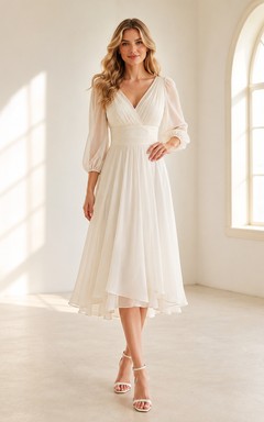 Robe de mariée romantique en mousseline, coupe trapèze, longueur thé, col en V, manches longues, style A-line, style Airy Renewal