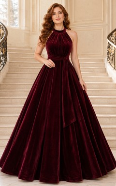 Burgundy Halter Sleeveless Pleated Velvet Ball Gown Floor-Length Formal Evening Dress