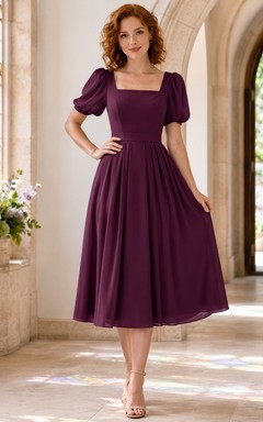 Plum Square Neck Puff Sleeve Chiffon Chapel Guest Dress