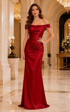 Red Off Shoulder Draped Satin Mermaid Evening Gown