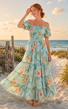 Aqua Caribbean Floral Off Shoulder Tiered Chiffon Maxi Guest Dress