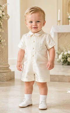 Ivory Tailored Pintuck Button Bib Short Sleeve Christening Romper for Baby Boy