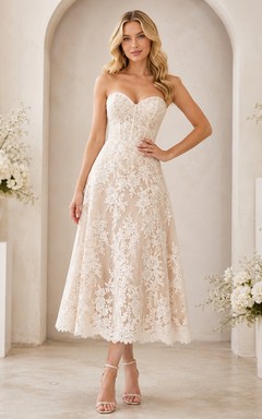 Ivory Lace Strapless Sweetheart A-Line Tea Length Bridesmaid Cocktail Dress