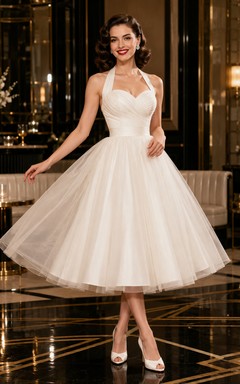 Retro Halter Tulle Tea Length Ballroom Bridal Dress