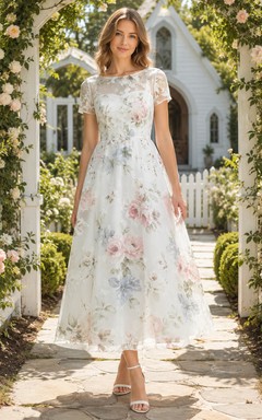 Vestido de novia de manga corta con estampado floral en tonos pastel y largo hasta la rodilla.