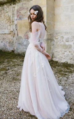 Vestido de novia campestre de corte A con fruncido y tul vaporoso efecto ilusión