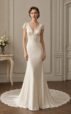Cap Sleeve Satin Mermaid Vintage Wedding Dress