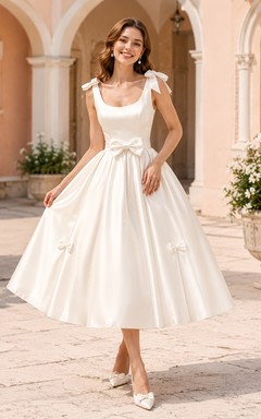 Vestido de novia romántico blanco de satén con lazo, manga corta, escote cuadrado y largo hasta la rodilla.