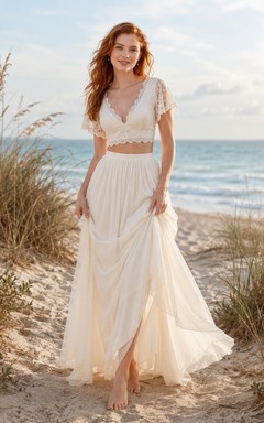 Ensemble de mariée en mousseline Dune, top court à manches courtes en dentelle
