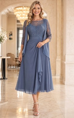 Slate Blue Bateau Lace Three-Quarter Sleeve Tea-Length Mother Dress Reception