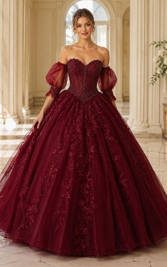 Robe de bal de princesse de quinceañera bordeaux de luxe, à manches bouffantes amovibles et dentelle superposée