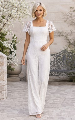 Combinaison en dentelle moderne à col carré et manches bouffantes, tenue de mariage civil au sol