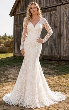 Rustic V Neck Long Sleeve Lace Mermaid Deep Back Chapel Wedding Gown