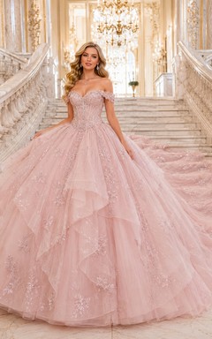 Blush Palace Staircase Off Shoulder Cascading Tulle Quinceanera Princess Cathedral Train Ball Gown