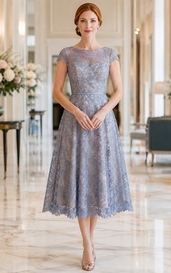 Steel Blue Lace Cap Sleeve Tea Cocktail Dress