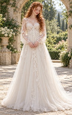 Long Sleeve Floral Lace Tulle Empire Train Wedding Dress
