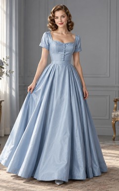 1940s Square Neck Sky Blue Short Sleeve Satin Formal Ball Gown