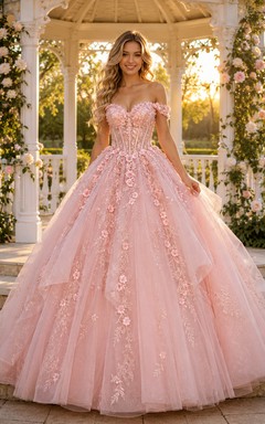 Vestido de princesa de quinceañera con escote corazón y hombros descubiertos, estilo cenador de jardín color rosa