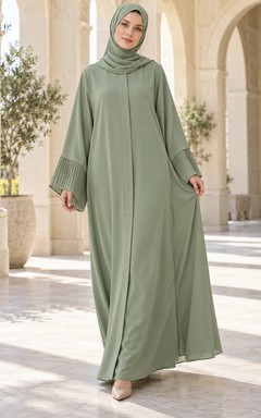 Robe abaya ample à manches longues et poignets plissés, couleur sauge, simple et élégante