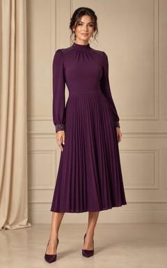 Plum High Neck Pleated Chiffon Tea-Length Dress