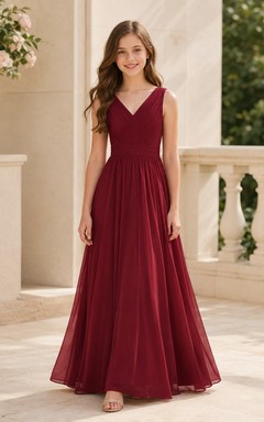 Robe de demoiselle d'honneur junior bordeaux, coupe trapèze, longueur au sol, col en V, sans manches, corsage épuré, style romantique