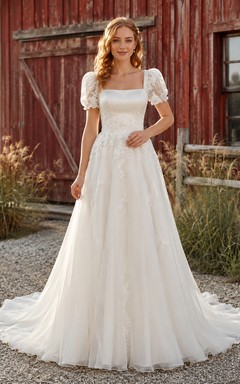 Brautkleid aus Chiffon im Landhausstil, A-Linie, eckiger Ausschnitt, Puffärmel, bodenlang, tiefer V-Ausschnitt am Rücken