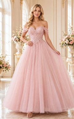 Blushing Pink Tulle Sweetheart Off-the-shoulder Ball Gown Petal Sleeve Appliqued Princess Dress