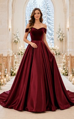 Burgunderrotes schulterfreies Samt-Ballkleid für die Hochzeit