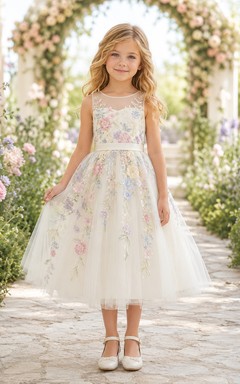 Pastel Floral Embroidery Elegant Princess Tea-Length A-Line Tulle Illusion Neck Flower Girl Dress
