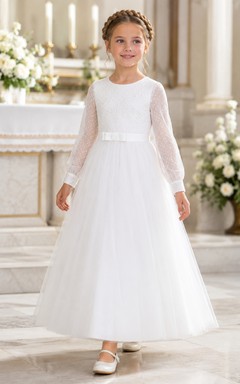 Langes, transparentes Tüllkleid mit Ärmeln für Kommunion, Blumenmädchen, schlichtes Kirchenkleid