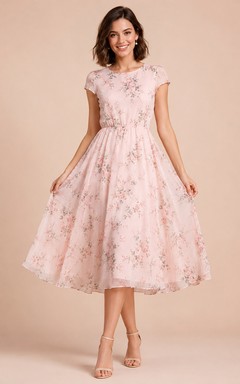 Blush Floral Cap Sleeve Tulle Occasion Tea Dress