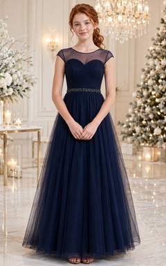 Ink Navy Junior Bridesmaid Dress A-Line Sweetheart Short Sleeve Tulle Elegant