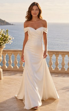 Satin Wedding Dress A-Line Strapless Sweep Train Bridal Gown