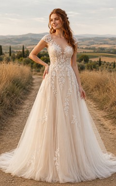 Vestido de novia de tul y encaje campestre, corte A, escote en V, sin mangas, cola de capilla, espalda baja en V.