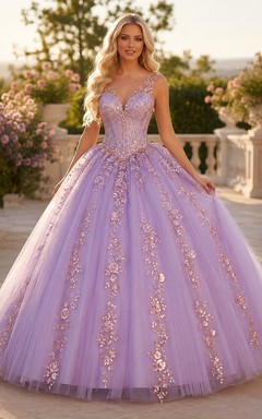 Vestido de baile de quinceañera de princesa de lujo color lila dorado con tirantes en V y lentejuelas espejadas