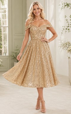 Robe trapèze à sequins dorés, épaules dénudées, manches courtes, longueur thé