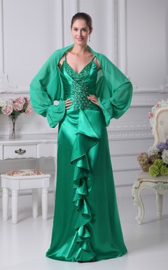 Spaghettiträger-Kleid aus Satin mit Raffungen, Kristallverzierungen und passendem Bolero