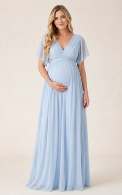 Vestido de dama de honor de gasa azul cielo con escote en V, mangas con volantes y corte imperio, largo hasta el suelo, para embarazadas.