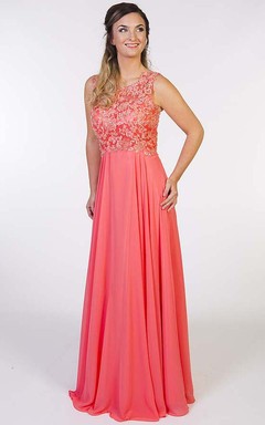 Bodenlanges, ärmelloses Chiffon-Abendkleid mit Perlenbesatz, Rundhalsausschnitt, Falten und Applikationen