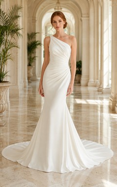Satin Wedding Dress Mermaid One Shoulder Sleeveless Sweep Train Bridal Gown